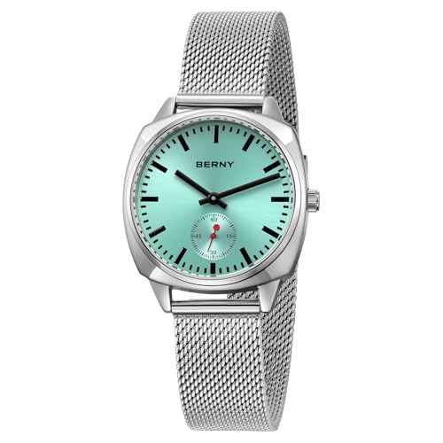 BERNY Damen Uhr Classic Railroad Uhr Analog Quarz Uhr Minimalistische Damen Uhr Edelstahl Gitterarmband Frauen Silber Uhr 3ATM wasserfest von BERNY