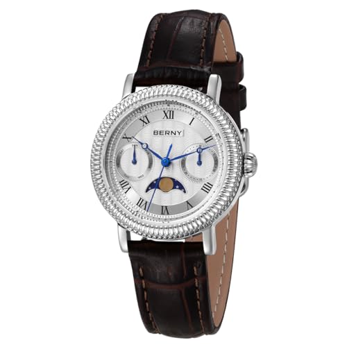 BERNY Damenuhr Damen Quarzuhr Mondphase Analoge Uhren Echtleder Armband Mode Uhren für Frauen 3ATM Wasserdicht von BERNY