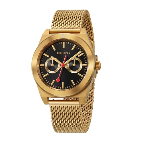 BERNY Gold-Herrenuhr Vintage Eisenbahn-Armbanduhr Analog Quarz Wasserdicht von BERNY