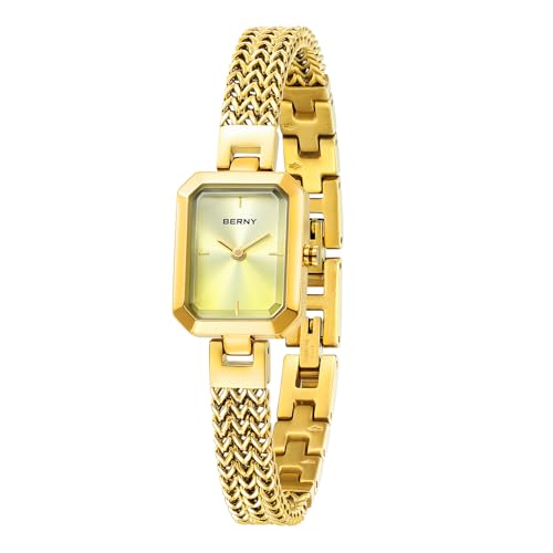 BERNY Gold Uhr Für Frauen Zierliche Quarz-Armbanduhr Damen Rechteck Mini Armbanduhren Kleine Mode 3ATM Wasserdicht Alle Edelstahl Abnehmbares Uhrenarmband von BERNY