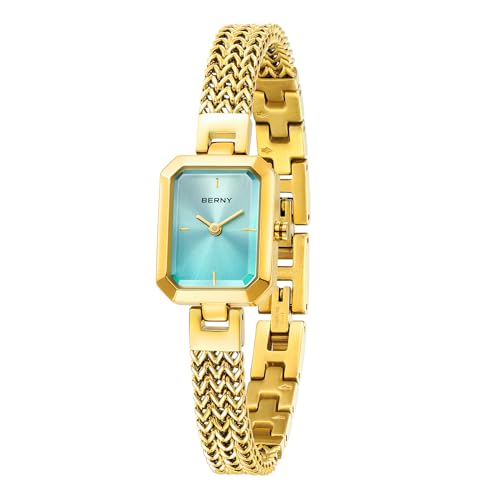 BERNY Gold Uhr Für Frauen Zierliche Quarz-Armbanduhr Damen Rechteck Mini Armbanduhren Kleine Mode 3ATM Wasserdicht Alle Edelstahl Abnehmbares Uhrenarmband von BERNY