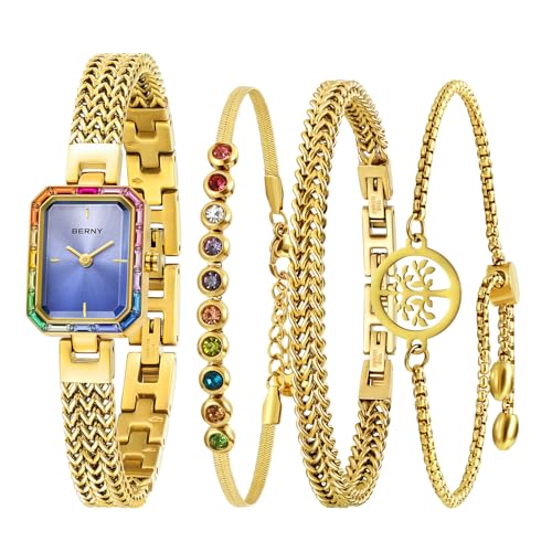 BERNY Gold Uhr für Frauen Petite Armband Uhr farbigen Steinen akzentuiert Gehäuse 3ATM wasserdicht Damen Minimalistische Uhren und Armband Set von BERNY