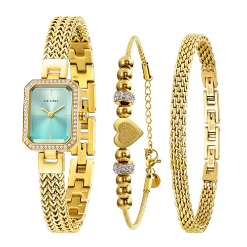 BERNY Gold Uhr für Frauen Petite Armband Uhren Diamond Accented Case 3ATM Waterproof Ladies'Minimalist Uhren und Armband Set von BERNY