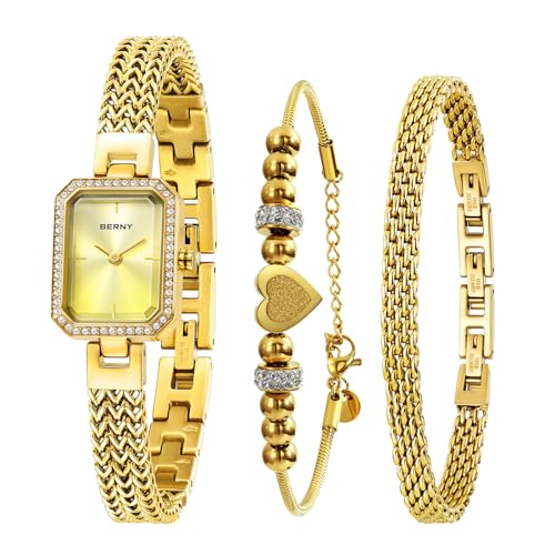 BERNY Gold Uhr für Frauen Petite Armband Uhren Diamond Accented Case 3ATM Waterproof Ladies'Minimalist Uhren und Armband Set von BERNY