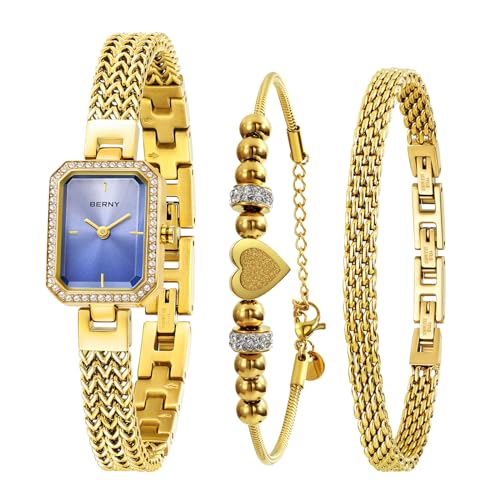 BERNY Gold Uhr für Frauen Petite Armband Uhren Diamond Accented Case 3ATM Waterproof Ladies'Minimalist Uhren und Armband Set von BERNY