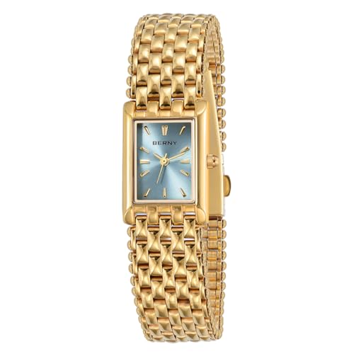 BERNY Gold Uhr für Frauen Rechteckige Armbanduhr wasserfest Luxus Armbanduhr Analog Quarz Uhr Vollständig aus Edelstahl Sonnenstrahlen-Zifferblatt Geburtstagsgeschenk von BERNY