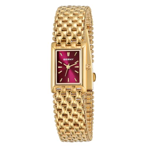 BERNY Gold Uhr für Frauen Rechteckige Armbanduhr wasserfest Luxus Armbanduhr Analog Quarz Uhr Vollständig aus Edelstahl Sonnenstrahlen-Zifferblatt Geburtstagsgeschenk von BERNY