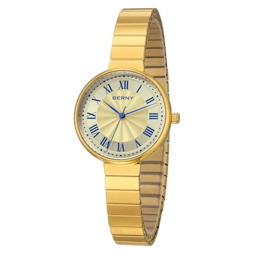 BERNY Gold Uhren für Damen Vintage Armbanduhr Damen Analog Quarzuhren mit Voll Edelstahl Ausziehband 3ATM Wasserdicht Römische Indizes von BERNY