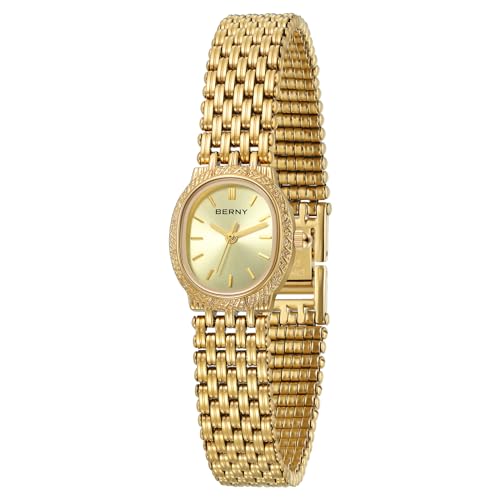 BERNY Gold Uhren für Frauen Oval Ladie's kleine Uhr Quarzwerk 3ATM wasserdicht weibliche Armbanduhr klein und Exquisite Werkzeuge enthalten -Gold Dail von BERNY