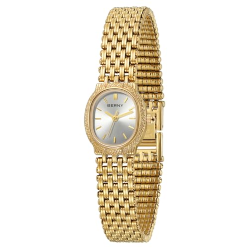 BERNY Gold Uhren für Frauen Oval Ladie's kleine Uhr Quarzwerk 3ATM wasserdicht weibliche Armbanduhr klein und Exquisite Werkzeuge enthalten-Weiß Dail von BERNY