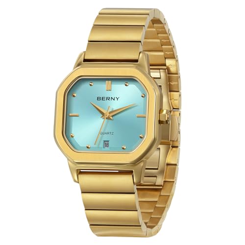 BERNY Gold Watch Herrenuhr Klassisch Quadratisch 3ATM Wasserdicht Analog Quarzuhren Edelstahlarmband Freizeituhren von BERNY