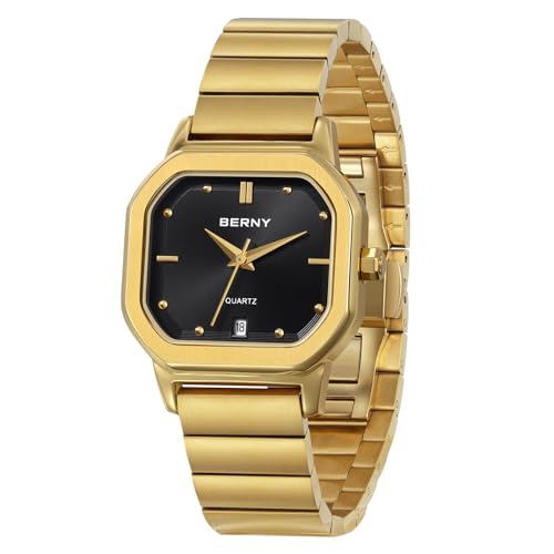 BERNY Gold Watch Herrenuhr Klassisch Quadratisch 3ATM Wasserdicht Analog Quarzuhren Edelstahlarmband Freizeituhren von BERNY