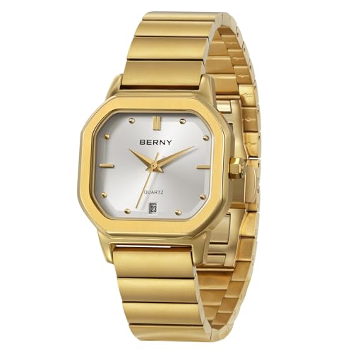 BERNY Gold Watch Herrenuhr Klassisch Quadratisch 3ATM Wasserdicht Analog Quarzuhren Edelstahlarmband Freizeituhren von BERNY