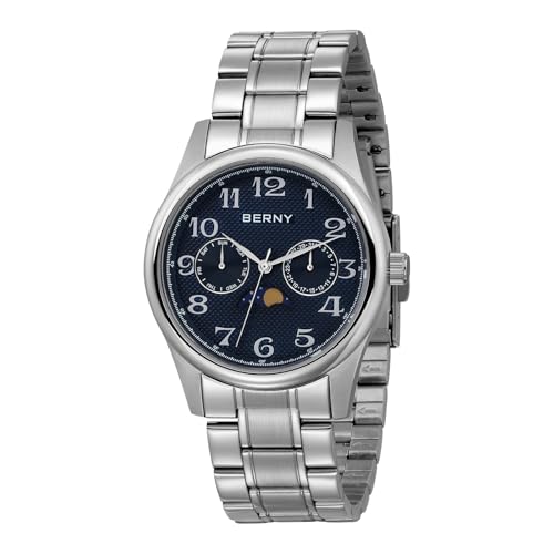 BERNY Herren Quarz Mondphase Uhr Tag Datum Kalender Herrenarmbanduhr Leicht Lesbare Arabische Ziffern Analoguhr Wasserdicht Freizeituhren Edelstahlarmband von BERNY