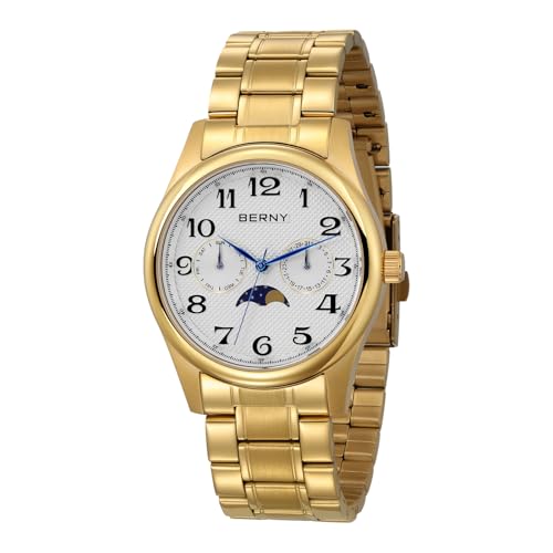 BERNY Herren Quarz Mondphase Uhr Tag Datum Kalender Herrenarmbanduhr Leicht Lesbare Arabische Ziffern Analoguhr Wasserdicht Freizeituhren Edelstahlarmband von BERNY