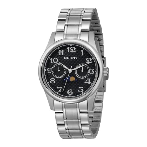 BERNY Herren Quarz Mondphase Uhr Tag Datum Kalender Herrenarmbanduhr Leicht Lesbare Arabische Ziffern Analoguhr Wasserdicht Freizeituhren Edelstahlarmband von BERNY