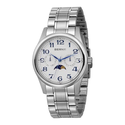 BERNY Herren Quarz Mondphase Uhr Tag Datum Kalender Herrenarmbanduhr Leicht Lesbare Arabische Ziffern Analoguhr Wasserdicht Freizeituhren Edelstahlarmband von BERNY