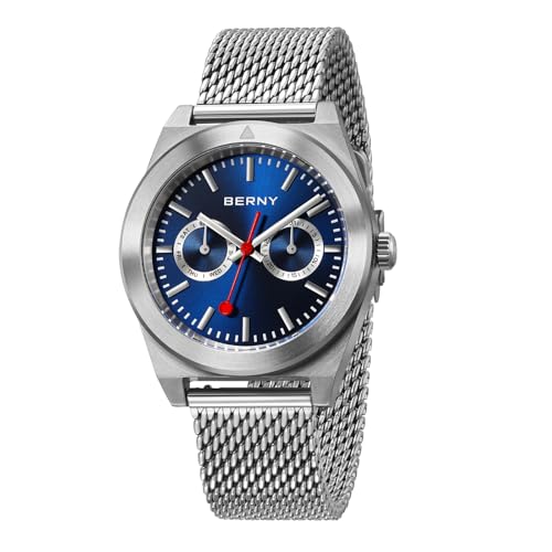 BERNY Herrenuhr Vintage Eisenbahnuhren Analog Quarz Uhr mit Mesh-Armband, Datum-Wochentag und Zifferblättern von BERNY