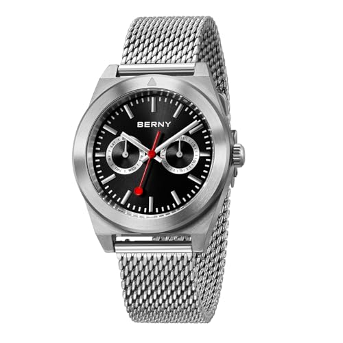 BERNY Herrenuhr Vintage Eisenbahnuhren Analog Quarz Uhr mit Mesh-Armband, Datum-Wochentag und Zifferblättern von BERNY