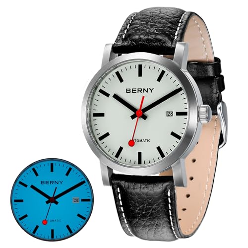 BERNY Männer Mechanik Kalender Automatische Uhr mit leuchtendem großem Gesicht mit Datumsfunktion Lederband Armbanduhr (weiß) von BERNY