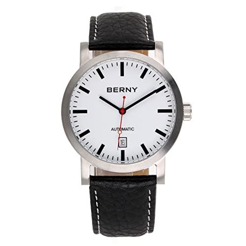 BERNY Mechanische Uhr für Männer Automatikwerk ST1612 50M wasserdichte Kalender Fenster Business Classic Herren Armbanduhr Ausstellung Rückabdeckung Weiß von BERNY