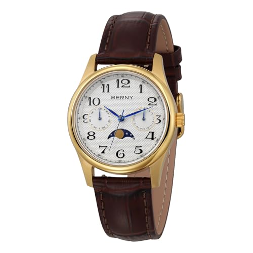 BERNY Quarzuhr Für Frauen Mondphase Uhren Damen Armbanduhr Leicht Lesbare Arabische Ziffern Zifferblatt Analoge Uhren Sub-dail Mit Datum Tag Kalender Echtes Lederband von BERNY