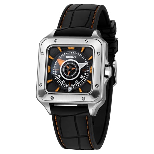 BERNY Quadratische Automatikuhr Für Herren 10ATM Wasserdicht Analog Mechanische Armbanduhr Mit Super Leuchtkraft AR Beschichtung Saphirglas Fluorokautschuk Armband von BERNY