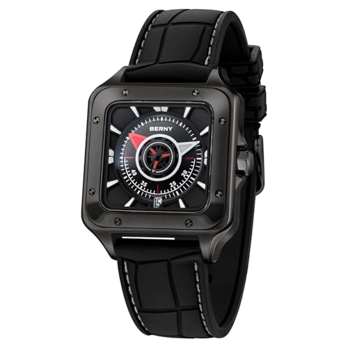 BERNY Quadratische Automatikuhr Für Herren 10ATM Wasserdicht Komplett Schwarze Armbanduhr Mit Super Leuchtkraft AR Beschichtung Saphirglas Fluorokautschuk Armband von BERNY