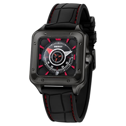 BERNY Quadratische Automatikuhr Für Herren 10ATM Wasserdicht Komplett Schwarze Armbanduhr Mit Super Leuchtkraft AR Beschichtung Saphirglas Fluorokautschuk Armband BERNY Quadratische Automatikuhr Für Herren 10ATM Wasserdicht Komplett Schwarze Armbanduhr Mit Super Leuchtkraft AR Beschichtung Saphirglas Fluorokautschuk Armband von BERNY