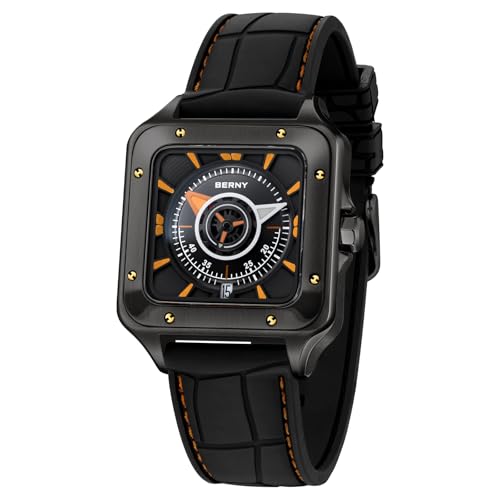 BERNY Quadratische Automatikuhr Für Herren 10ATM Wasserdicht Komplett Schwarze Armbanduhr Mit Super Leuchtkraft AR Beschichtung Saphirglas Fluorokautschuk Armband BERNY Quadratische Automatikuhr Für Herren 10ATM Wasserdicht Komplett Schwarze Armbanduhr Mit Super Leuchtkraft AR Beschichtung Saphirglas Fluorokautschuk Armband von BERNY