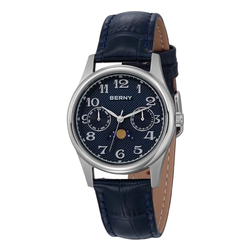 BERNY Quarzuhr Für Frauen Mondphase Uhren Damen Armbanduhr Leicht Lesbare Arabische Ziffern Zifferblatt Analoge Uhren Sub-dail Mit Datum Tag Kalender Echtes Lederband von BERNY