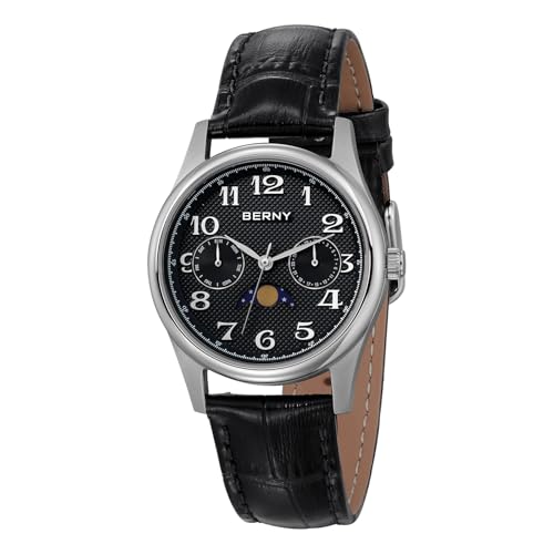 BERNY Quarzuhr Für Frauen Mondphase Uhren Damen Armbanduhr Leicht Lesbare Arabische Ziffern Zifferblatt Analoge Uhren Sub-dail Mit Datum Tag Kalender Echtes Lederband von BERNY