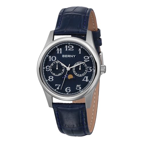 BERNY Quarzuhr Für Männer Mondphase Uhren Tag Datum Blende Armbanduhr Leicht Lesbare Arabische Ziffern Zifferblatt Analoge Uhr Wasserdicht Lässige Uhr Echtes Lederarmband von BERNY