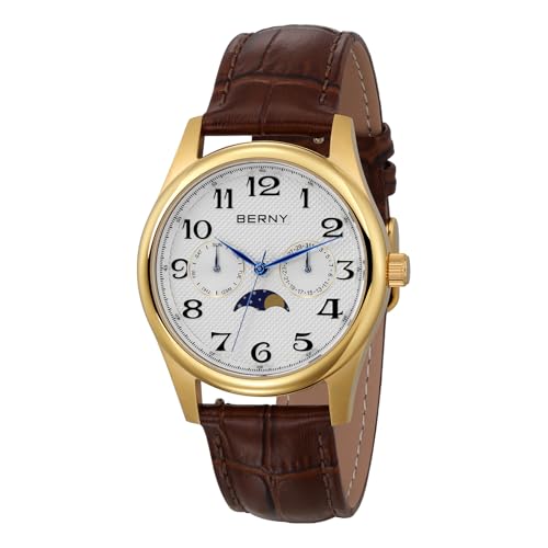 BERNY Quarzuhr Für Männer Mondphase Uhren Tag Datum Blende Armbanduhr Leicht Lesbare Arabische Ziffern Zifferblatt Analoge Uhr Wasserdicht Lässige Uhr Echtes Lederarmband von BERNY