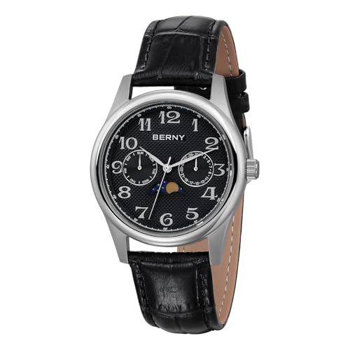 BERNY Quarzuhr Für Männer Mondphase Uhren Tag Datum Blende Armbanduhr Leicht Lesbare Arabische Ziffern Zifferblatt Analoge Uhr Wasserdicht Lässige Uhr Echtes Lederarmband von BERNY