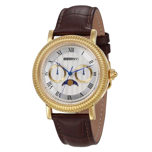 BERNY Quarzuhr Männer Armbanduhr Mondphase Analoge Uhren Casual Uhren 3ATM Wasserdichtes Echtlederarmband von BERNY