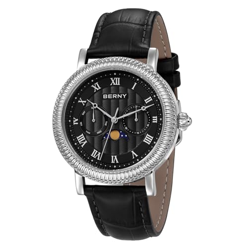 BERNY Quarzuhr Männer Armbanduhr Mondphase Analoge Uhren Casual Uhren 3ATM Wasserdichtes Echtlederarmband von BERNY