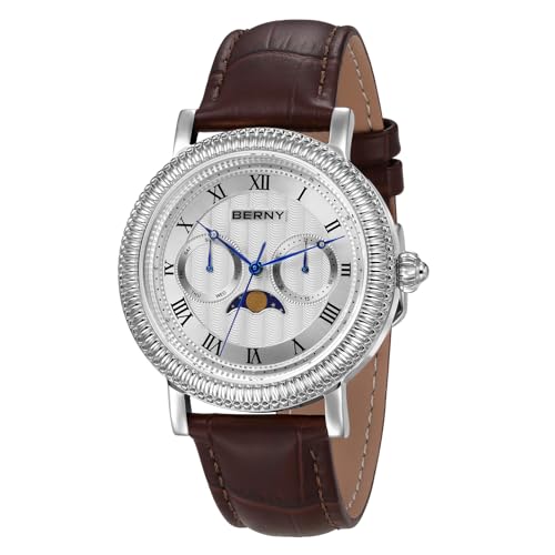 BERNY Quarzuhr Männer Armbanduhr Mondphase Analoge Uhren Casual Uhren 3ATM Wasserdichtes Echtlederarmband von BERNY