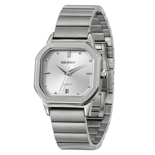 BERNY Quarzuhr für Männer Klassische Quadratische Uhr 3ATM Wasserdicht Analog-Armbanduhr Edelstahlarmband Freizeituhren von BERNY