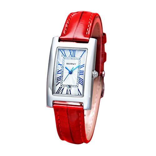 BERNY Damen Armbanduhren Klassisch Rechteckig Quarzuhr für Damen Wasserdicht Weiches Lederband Uhr,Rot von BERNY