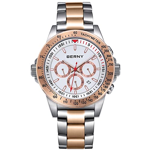 BERNY Uhr für Männer Chronograph Quarzuhr Edelstahl Aviator 10ATM wasserdichte Armbanduhren Leuchtende Herrenuhren von BERNY