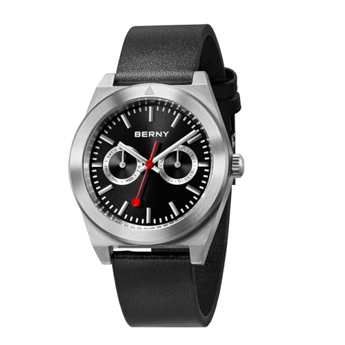 BERNY Uhr für Männer Vintage Eisenbahn Uhr Wasserfest Analog Quarz Uhr Tag Datum Unterzifferblätter von BERNY