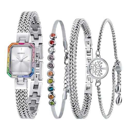 BERNY Women's Petite Watch Frauen Armband Uhren farbigen Steinen akzentuiert Gehäuse 3ATM wasserdicht Damen Elegante Uhr und Armband Set von BERNY