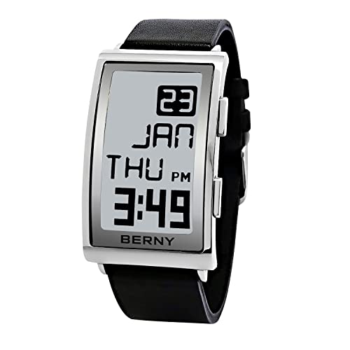 BERNY Herren Digital Sportuhr E-Ink Display Mode LED E-Paper Uhr Gebogenes Zifferblatt Lederband Uhren mit Zwei Zeitzonen Wasserdicht Armbanduhren von BERNY