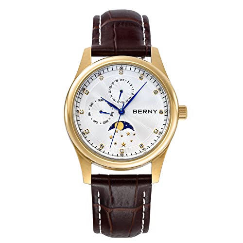 BERNY Uhren für Männer wasserdichte Herrenuhren mit echtem Lederarmband Mode Herrenuhr mit Kalender Woche Mondphase Dail von BERNY