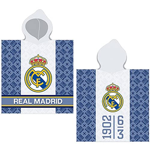 Real Madrid Kinder Kapuzen Bade-Poncho 60 x 120 100% Baumwolle Veloursqualität Pareo Badetuch Strandtuch Bademantel Primera Division Fußball ¡Hala Madrid Madridista C.F. Estadio Santiago Bernabéu von BERONAGE