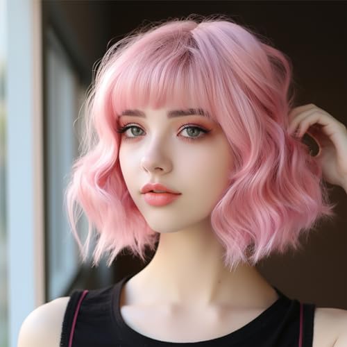 Pinke Perücken für Frauen, kurze rosa Bob-Perücke mit Pony, synthetische gewellte Bob-Perücke mit Air-Bangs von BERRYLION