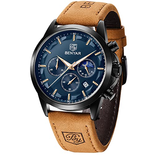 BY BENYAR Uhren Herren Armbanduhr Herren Chronograph Analog Quarz Wasserdicht Braunes Lederarmband Herrenuhr Leuchtende Datum Mode Lässig Business-Kleid Uhren Elegantes Geschenk fur Männer von BY BENYAR