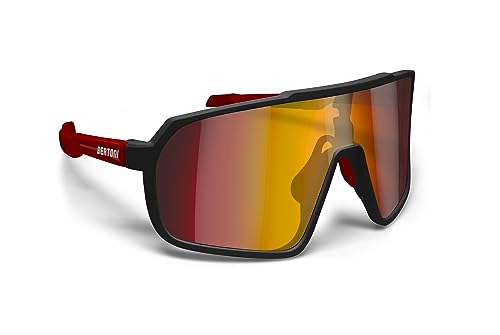 BERTONI Radfahren MTB Lauf Sportbrille für Männer Frauen in TR90 Antibeschlag Weitwinkelobjektiv mod. GEMINI (Matt Schwarz/Glänzendes Rot – Gold Rote Spiegellinse) von BERTONI