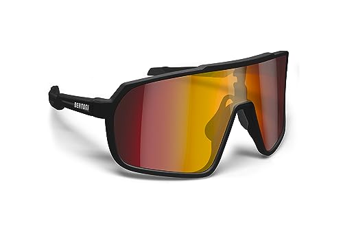 BERTONI Radfahren MTB Lauf Sportbrille für Männer Frauen in TR90 Antibeschlag Weitwinkelobjektiv mod. GEMINI (Matt Schwarz/Glänzendes Schwarz – Gold Rote Spiegellinse) von BERTONI